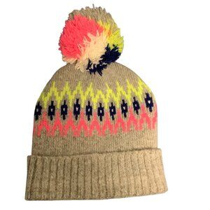 Aéropostale‎ Pom Pom Knit Fair Isle Beanie Hat Neon Pattern & Ribbed Cuff NWOT